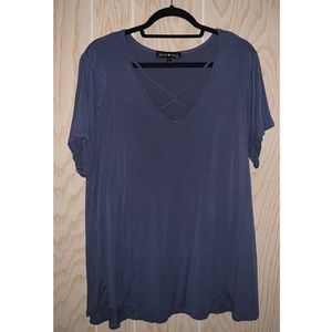 Plus Size Blue Tee Criss Cross V Neck